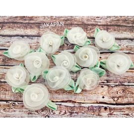 JAKAPAN Ribbon Rose Flower Heads Artificial Fabric Flowers Faux Floral with Green Leaves for Decor Sewing DIY Craft Wedding Bride Gift Wrapping Hair Accessories (White)