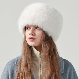 Women's Faux Fur Hat Ladies Russian Cossack Style Winter Caps (UK, Alpha, One Size, Z39849-White)
