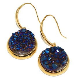 Blue Rainbow Druzy Agate Stone Round Drop Earrings Glacier by Zimaya