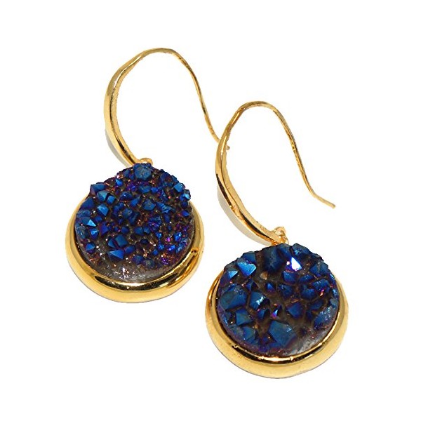 Blue Rainbow Druzy Agate Stone Round Drop Earrings Glacier by
