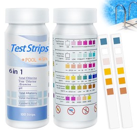 Pack of 100 Pool Test Strips, 6 in 1 Pool Tester, Whirlpool Test Strips for Aquarium/Pool/Spa, Water Test Strips for Total Hardness, Bromine, Chlorine, PH, Total Alkalinity and Cyanuric Acid