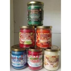 Smoke Odor 13 oz Jar Candles Holidays & Christmas Variety Fragrances Set of Six candles Evergreen & Berries, Creamy Vanilla, Holiblaze, Pumpkin & Spice, Cinnamon Apple & Chill.