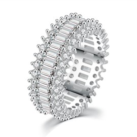 YOYEEWYNS 18K White Gold Plated Eternity Rings for Women Cubic Zirconia 7-Stone Wide Wedding Bands Round 3 Rows Promise Size 6-10, Metal, Cubic Zirconia