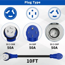 Gloppers 50 Amp Generator Cord and Power Inlet Box 10FT 125V/250V 6/3 AWG+8/1 AWG,STW Pure Copper Generator Extension Cord NEMA 14-50P to NEMA SS 2-50R 135Degree Twist Lock Connector ETL Listed