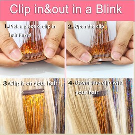 CelineBella Rose Red Hair Tinsel for Adults Women,Clip In,24 Inch,80 Strands per Piece,6 Pcs,Heat Resistant, Fairy Hair Strands,Tinsel Hair Extensions for Cosplay Party Daily Use