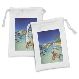 Ambesonne Scenic Summer Fabric Pouch Set of 2, Tropic Paradise Palombaggia Beach Clear Ocean Photo, Small Drawstring Bag for Toiletries Masks and Favors, 9" x 6", Cobalt Blue Multicolor