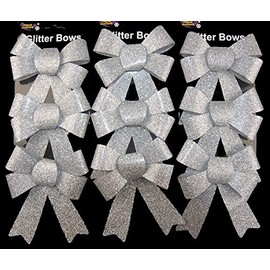 Theme Machine Set Of 9 Glitter SILVER Bow Christmas Tree Baubles Decorations