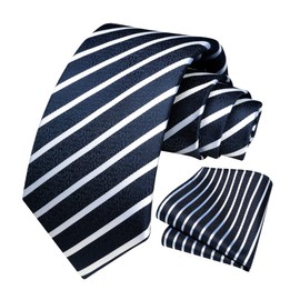 HISDERN Navy Stripe Tie Handkerchief Woven Classic Men's Necktie & Pocket Square Set Striped Ties for Men Blue White Formal Tie Set Tuxedo Wedding