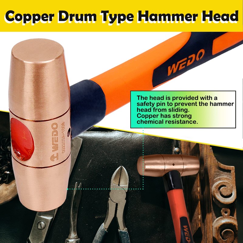 WEDO Copper Sledge Hammer 1/2lb,Solid Copper Mallet Hammer,Fiberglass Handle,Length 280mm,Die-Forged,