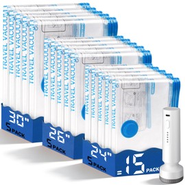 15 Pack Vacuum Storage Bags for Travel with Rechargeable Cordless Pump, Space Saver Bags for Clothes, Compression Packing Bags for Luggage and Suitcase,Blue