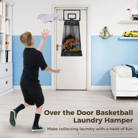 Over the Door Basketball Laundry Hamper, Hanging Laundry Basket with Basketball Hoop, Removable Black Net Laundry Bag for Door Hanging, Basketballs Laundry Hamper with Zipper for Room, Bathroom