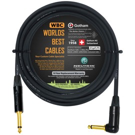 WORLDS BEST CABLES 30 Foot - Gotham GAC-1 Ultra Pro - Premium Low-Cap (21 pf/F) Guitar Bass Instrument Cable – w/Neutrik Gold Straight to Angled ¼ inch (6.35mm) TS Connectors - CUSTOM MADE