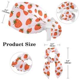 Pink Strawberry Pattern Working Caps with Button & Sweatband,Long Hair Bouffant Scrub Hats Lace-Up Hat with Hair Tie for Women