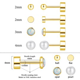 4 pairs Gold Stud Earrings for Women Girls Men, Hypoallergenic Titanium Surgical Steel Gold Stud Earrings Set, Small Round Balls Opals and Pearls Helix Cartilage Sleeper Screw Flat Back Earrings