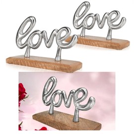 com-four® 2 x Decorative Lettering Love Made of Nickel-Plated Aluminium on Mango Wood Base with Non-Slip Pads - Decorative Metal Letters for Standing - Home Accessory (Pack of 02 - Love 19 cm)