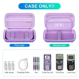 BOVKE Hard Calculator Case for Texas Instruments TI-84 Plus CE Color Graphing Calculator/TI-84 Plus/TI-83 Plus CE, Extra Zipped Pocket for USB Cables, Charger, Manual and More, Purple