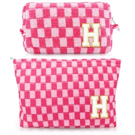 Giesiery 2 Pack Checkered Makeup Bag Cosmetic bags for Women Girls Initial Large Capacity Travel Toiletry Bag Cute Aesthetic Accessories Storage Bag