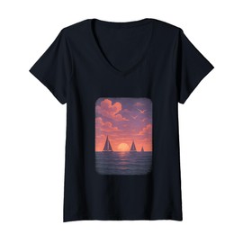 Womens Sunset Sailing - Ocean Adventure Art V-Neck T-Shirt