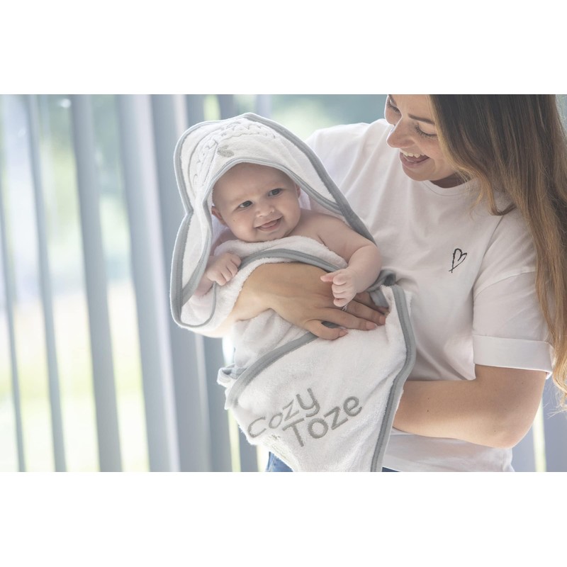 Babydam CozyToze Hooded Bath Towel, 100% Organic Bamboo, Grey/White, Pack