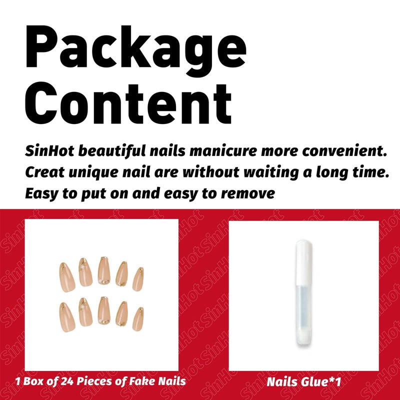 SINHOT Medium Press on Nails Almond Fake Nails Glossy Glue
