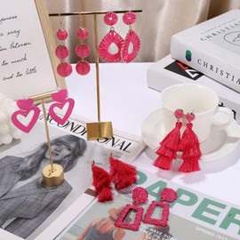 Florideco Statement Earrings - Boho Long Tassel Dangle Geometric Fringe Drop Earrings - Handmade in Hot Pink Raffia