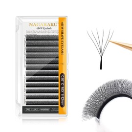 NAGARAKU 6D W Eyelash Extensions, Eyelash Extension, Self-Fanning Lash, Pre-Fanned Ready-to-Use Fan Weave with Long Handle, Premade Fans Volume Cluster, Mega Matte Black (0.07 mm C Curl, 8-12 mm Mix)