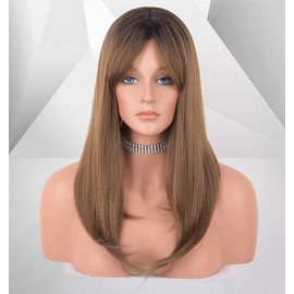 LEMEIZ Ombre Brown Wigs with Blunt Bangs, Synthetic Brown Hair Wig for Women, Natural Wavy Wig with Fringe, Ombre Wigs UK 50.8 cm/20 inches LEMEIZ-130