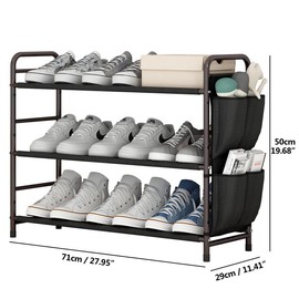 LINZINAR Shoe Rack Storage Organizer 3 Tier Standing Metal Shoe Shelf Compact Shoe Organizer with Side Bag for Entryway Closet Bedroom【Freeship】 Waterproof Black Friday - Color: grey