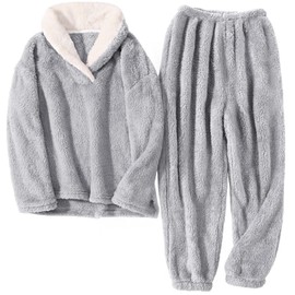 HEEKPEK Fuzzy Pajamas Set for Women Winter Warm Fluffy Loungewear Soft Fleece Pj Pants 2 Piece Plush Sleepwear Lounge Tops(Gray,XX-L)