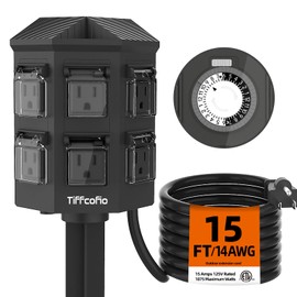TiFFCOFiO Outdoor Power Strip Waterproof, 24 Hour Mechanical Timer, 15 ft Extension Cord, 6 Grounded Outlets for Outdoor Lights, ETL Listed (15 FT)