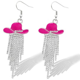 RechicGu Western Cowgirl Enamel Hat Sparkly Rhinestone Tassel Dangle Earrings Prom Country Concerts Rodeo Cowboy Outfits Jewelry Gift for Women, Enamel, Stainless Steel, No Gemstone