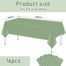 Whaline 16Pcs Sage Green Plastic Tablecloth Solid Green Rectangle Table Cover Waterproof Table Cloth for Birthday Wedding Bride Shower Parties Decorations Supplies, 54 x 108 Inch