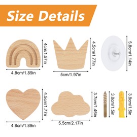 MOROBOR Wood Wall Hook, 4 Pack Natural Wooden Coat Hooks Wall Mounted Rainbow Crown Heart Cloud Heavy Duty Hooks for Children's Room Decoration Cabinet Knobs Hooks