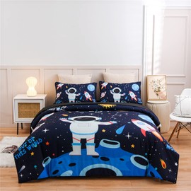 Meeting Story 5Pieces Universe Space Themed Comforter Set Planet Astronaut Rocket Galaxy Printed Pattern Quilt Bedding Set for Kids Girls Boys Children Room Decor (Black, Full 5pcs)