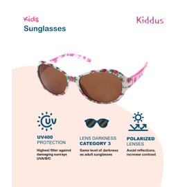Kiddus polarised sunglasses for boys and girls. Suitable for children aged 6 and over UV400 100% protection against ultraviolet sun rays. - 12 White Frames Pink transparent temples. Flowering