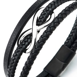 COOLSTEELANDBEYOND Infinity Love Infinity Number 8 Interwoven Three Strands Black Braided Leather Bracelet for Men Women, Black leather, No gemstone