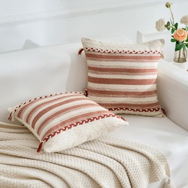 Labilin Cushion Covers 18x18, Boho Decorative with Tassels Pillowcase, Woven Stripes Body Pillow Cover for Farmhouse Chair Sofa Bedroom Living Room Home Decor, Rust Red + off-white