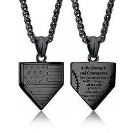 Black Home Plate Baseball Necklace for Men Engraved Bible Verse Joshua 1:9, Stainless Steel American Flag Pendant USA Patriotic Jewelry, Inspirational Motivational Graduation Birthday Christmas Gift
