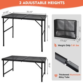 GREGIN Camping Table with Mesh Desktop, Lightweight & Portable Folding Grill Table, Height Adjustable Sturdy 3 FT Metal Table for Camping, Grill, BBQ, RV, Picnic