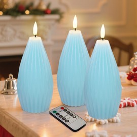 Silverstro Ocean Flameless Candles Remote Irregular Polygon Ribbed Design Real Wax Flicker Battery Operated Candles for Home Party Wedding Thanksgiving Christmas Nautical Decor - Set of 3(Blue)
