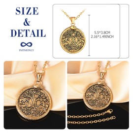 INFINIONLY Tree of Life Gold Medallion Necklace for Mens Womens Fashion Stainless Steel Amulet Round Pendant Coins for Teenagers Vintage Carving Floral Necklaces with 55cm Chain Novelty Jewellery