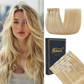HotLulana Clip-In Real Hair Extensions, 7 Pieces, 55 cm, 120 g, Invisible Real Hair Extensions Clip, 22 Inches, Clip-In Real Hair, Remy Clip-In Hair Extensions, Natural Real Hair Extensions, P18K/613#