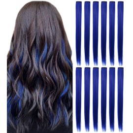 ECOCHARMS 12PCS Colored Clip in Hair Extensions Sapphire Blue Wig Straight Hair Extensions Clip in for Woman Multi-Colors Party Highlights Hairpieces(Blue)