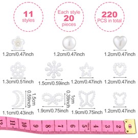 HINZIC 220Pcs Pearl Charms 30gram Mixed Size Half Round Drop Pearls Bead Assorted Hearts Stars Flowers Bows Flatback Charms for Valentine Wedding Jewelry Making Crafts Decoration