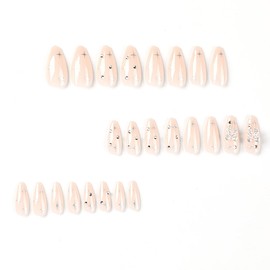 Long Almond False Nails Nude with Star Bow Design French Tip Press on Nails Reusable Acrylic Fake Nails Full Cover Stick on Nails Salon Manicure Decoration for Women and Girls Nail Tips 24Pcs
