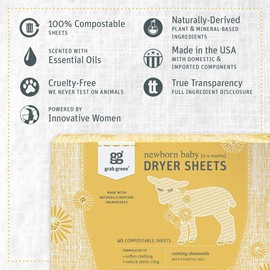 Grab Green Newborn Baby Laundry Dryer Sheets, 120 Sheets, Calming Chamomile Scent, Plant and Mineral Based, Compostable, Softens Clothing and Linens, Reduces Static Cling