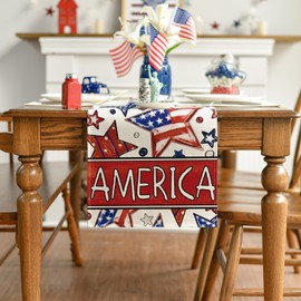 Artoid Mode America Stars and Stripes Patriotic 4th of July Table Runner, Memorial Day Kitchen Dining Table Decoration for Home Party Decor 13x72 Inch