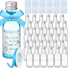 Jingmore 30 Pack 1.7oz Mini Liquor Bottles 50ml Plastic Alcohol Bottle with Cap, Labels, Ribbon for Party Supplies(Bachelorette Party,Light Blue)