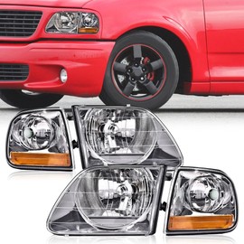 PIT66 Headlight & Parking Lights Compatible with Ford F150 1997 1998 1999 2000 2001 2002 2003 /Fit Ford F250 1997-1999 /Fit Ford Expedition 1997-2002，Clear Lens Chrome Housing Amber Reflector