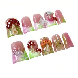 LOHAS Home Multi-Color Gradient Ice-Transparent French Relief Carving Style Wearable Nails Reusable Short Duck-Bill Nail Stickers Pure Handmade, Squeeze Mushroom